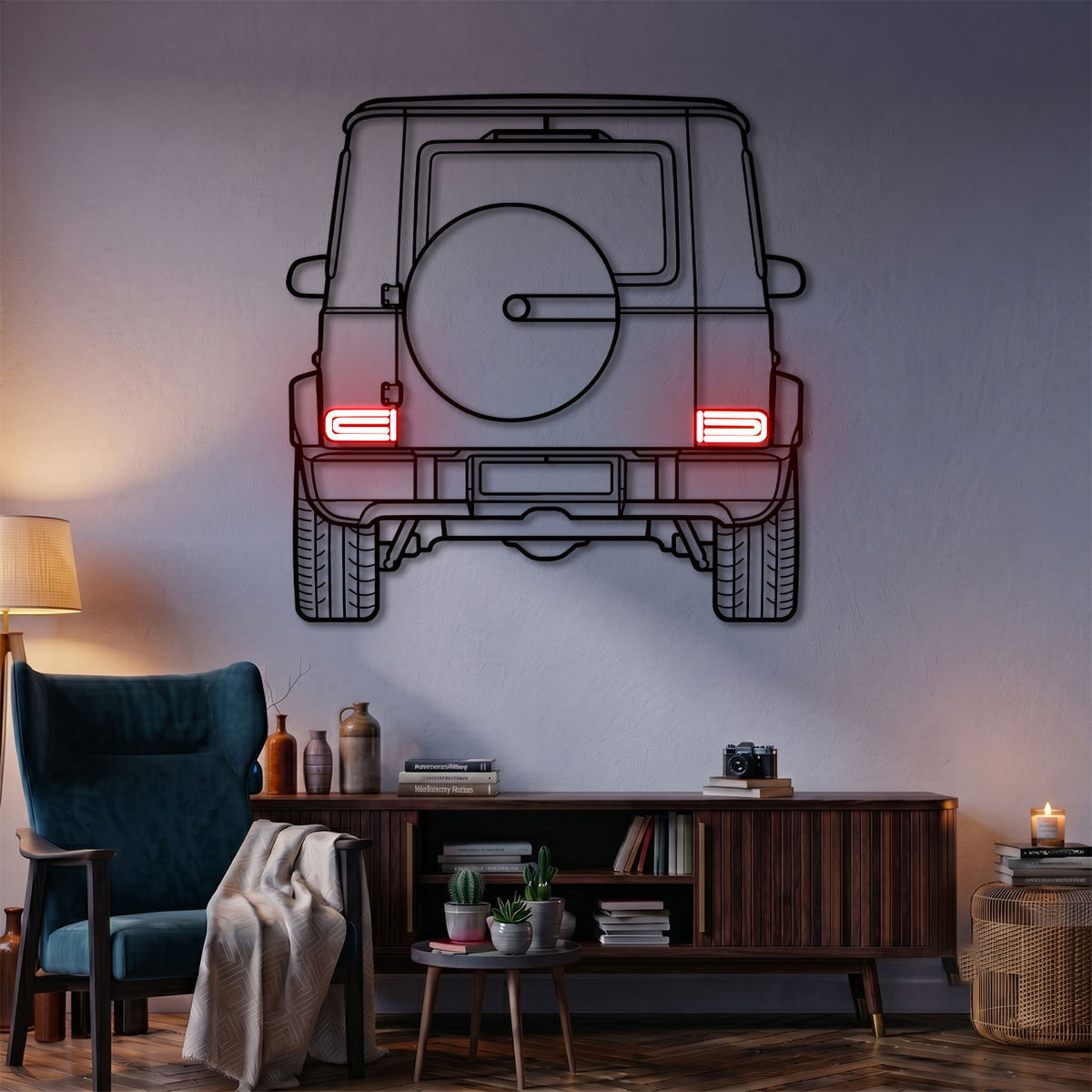 لوحة جدارية معدنية بإضاءة نيون بتصميم سيارة G-Class من الخلف