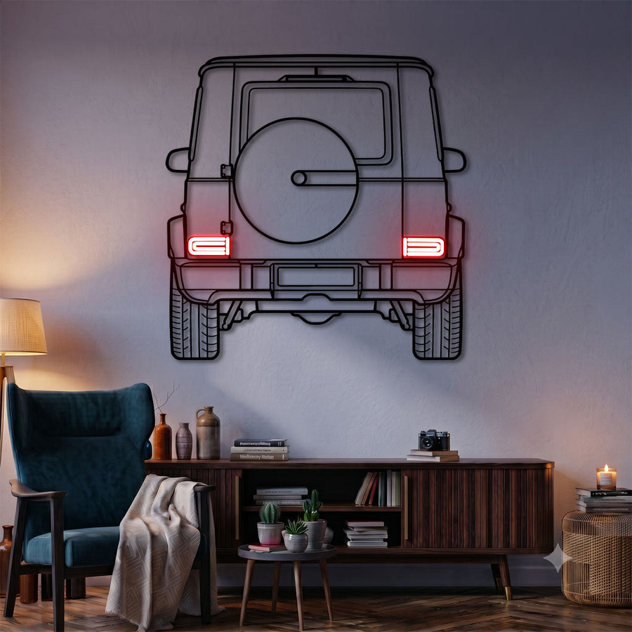 لوحة جدارية معدنية بإضاءة نيون بتصميم سيارة G-Class من الخلف