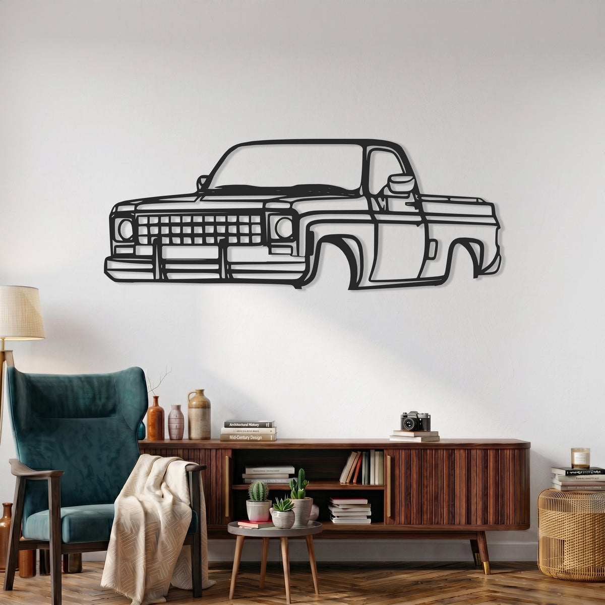 1980 Chevy C10 Pickup Truck Front Angle view Silhouette Metal Wall Art