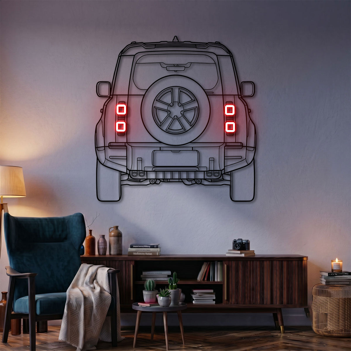 ديكور حائط معدني نيون بتصميم سيارة ديفندر - منظر خلفي