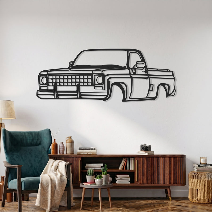 1980 Chevy C10 Pickup Truck Front Angle view Silhouette Metal Wall Art